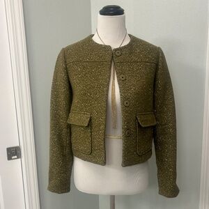 Beautiful Olive Green Wool Blend + Metallic Shimmer Cropped Blazer/Jacket